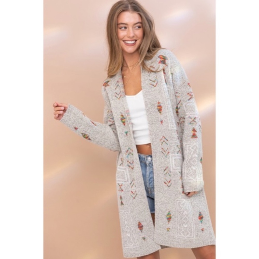 SOLD OUT Gray Colorful Aztec Tribal Western Marled Open Knit Cardigan Long - Picture 6 of 9